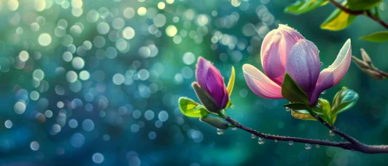 Foto op Plexiglas A spring pink and purple magnolia blossom flower branch, magnolia tree blossoms in springtime. tender pink flowers bathing in sunlight. warm april weather There are dew drops in the morning. © ND STOCK