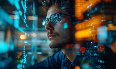 A portrait of a visionary tech entrepreneur standing in front of an AI-driven data visualization wall, showcasing real-time analytics and machine learning models