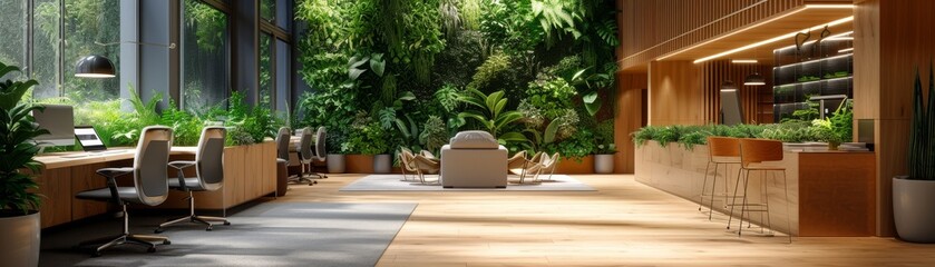 An eco-friendly office interior designed with biophilic elements, featuring a spacious open-plan workspace with living walls, natural light, and recycled furniture, promoting a healthy - obrazy, fototapety, plakaty