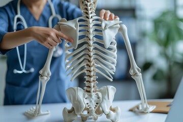 Focused healthcare professional pointing at spine model during an educational presentation, concept of medical teaching