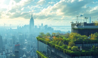 A panoramic view of a green rooftop garden atop a sustainable corporate building, with employees engaging in a team meeting outdoors, surrounded by solar panels  - obrazy, fototapety, plakaty