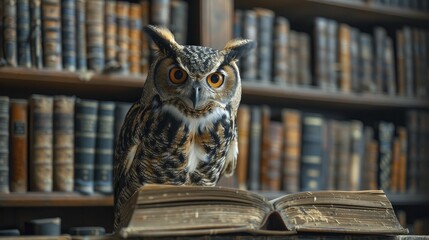 Wise owl in a classic library setting, surrounded by towering bookshelves, symbolizing the depth of knowledge and learning.