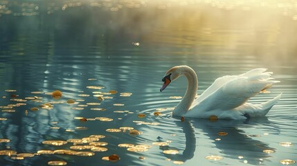 Swan gracefully glides on calm lake, golden coins afloat, symbolizing prosperity and financial peace.