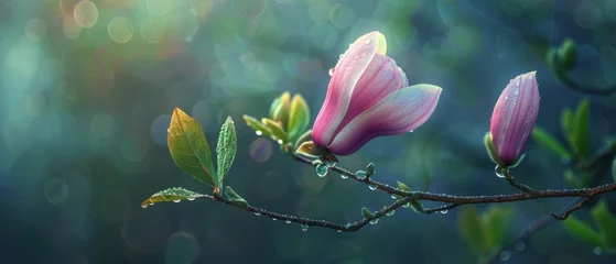 Keuken spatwand met foto A spring pink and purple magnolia blossom flower branch, magnolia tree blossoms in springtime. tender pink flowers bathing in sunlight. warm april weather There are dew drops in the morning. © ND STOCK