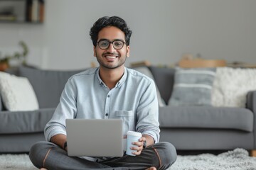 Smiling young man with glasses sitting on the floor with a laptop, Concept of remote work, digital lifestyle, and casual business