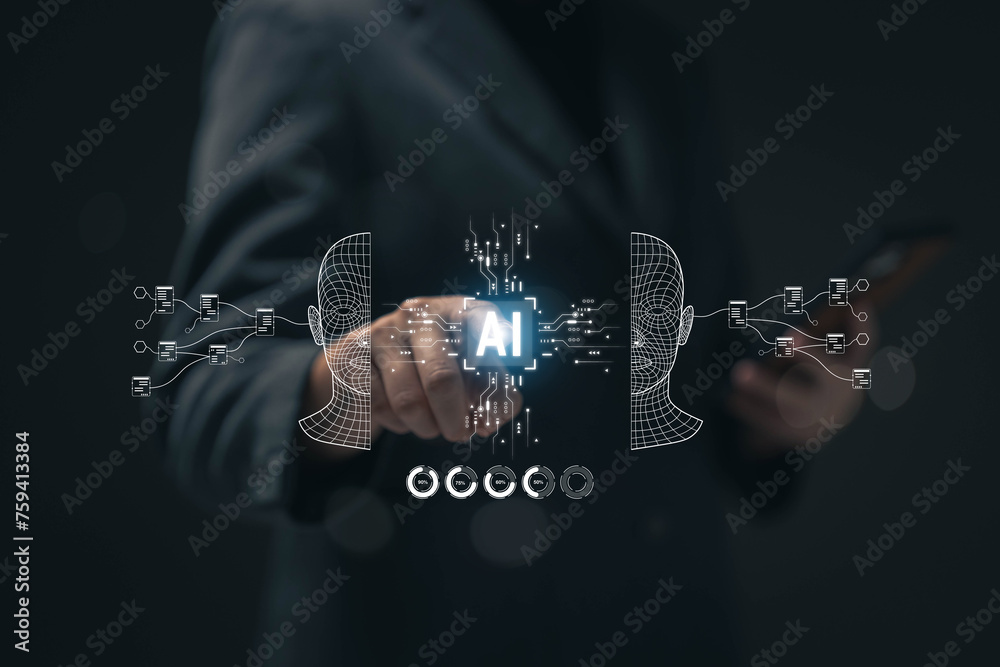 Poster businessmen are using ai to help them in their work. finding information and calculating using ai. t