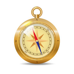 Realistic golden vintage compass with marine wind rose and cardinal directions of North, East, South, West. Shiny metal navigational compass. Cartography and navigation. Vector illustration.