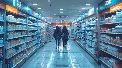 Pharmacy isle - people shopping - low angle shot - medicine and medical supplies - retail - stylish - fluorescent lighting 