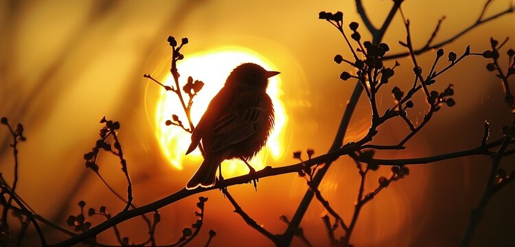 A magical moment of a red bird silhouetted against a golden sunset, creating a warm and enchanting scene.