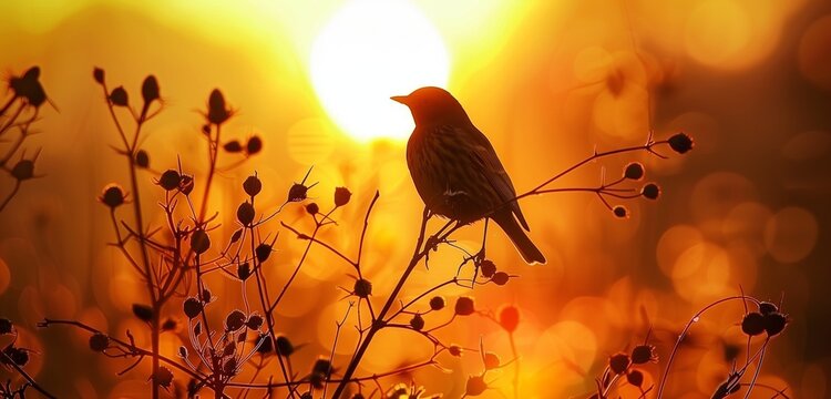A magical moment of a red bird silhouetted against a golden sunset, creating a warm and enchanting scene.