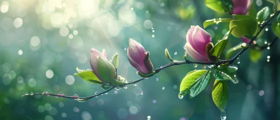 Foto op Aluminium A spring pink and purple magnolia blossom flower branch, magnolia tree blossoms in springtime. tender pink flowers bathing in sunlight. warm april weather There are dew drops in the morning. © ND STOCK