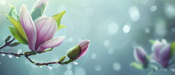 Fototapeta na wymiar A spring pink and purple magnolia blossom flower branch, magnolia tree blossoms in springtime. tender pink flowers bathing in sunlight. warm april weather There are dew drops in the morning.