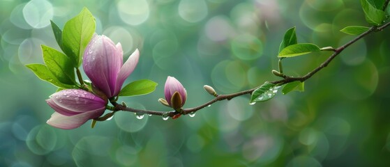 A spring pink and purple magnolia blossom flower branch, magnolia tree blossoms in springtime....