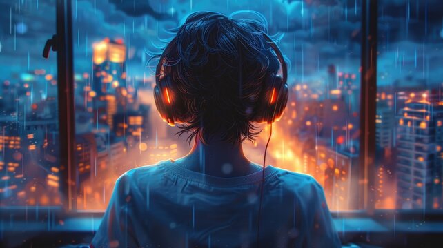 boy listening to music with headphones in bedroom