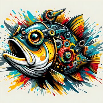 Piranha in steampunk style with bright brushstrokes on white canvas.