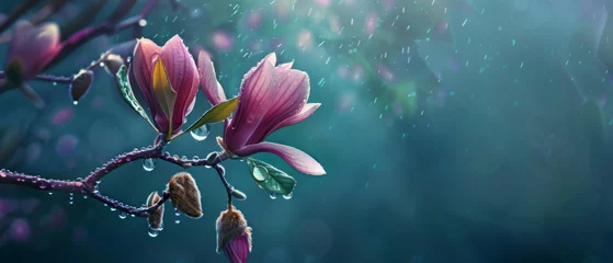 Deurstickers A spring pink and purple magnolia blossom flower branch, magnolia tree blossoms in springtime. tender pink flowers bathing in sunlight. warm april weather There are dew drops in the morning. © ND STOCK