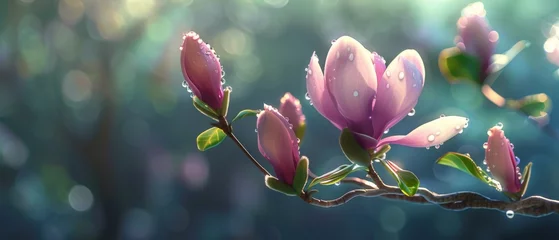 Foto auf Leinwand A spring pink and purple magnolia blossom flower branch, magnolia tree blossoms in springtime. tender pink flowers bathing in sunlight. warm april weather There are dew drops in the morning. © ND STOCK