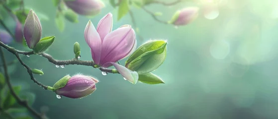 Fototapeten A spring pink and purple magnolia blossom flower branch, magnolia tree blossoms in springtime. tender pink flowers bathing in sunlight. warm april weather There are dew drops in the morning. © ND STOCK