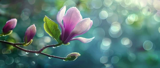 Foto auf Acrylglas Antireflex A spring pink and purple magnolia blossom flower branch, magnolia tree blossoms in springtime. tender pink flowers bathing in sunlight. warm april weather There are dew drops in the morning. © ND STOCK