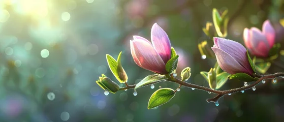 Tuinposter A spring pink and purple magnolia blossom flower branch, magnolia tree blossoms in springtime. tender pink flowers bathing in sunlight. warm april weather There are dew drops in the morning. © ND STOCK