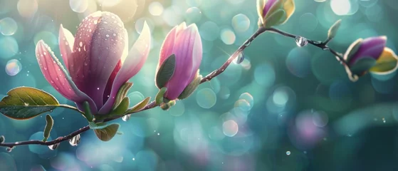 Rugzak A spring pink and purple magnolia blossom flower branch, magnolia tree blossoms in springtime. tender pink flowers bathing in sunlight. warm april weather There are dew drops in the morning. © ND STOCK