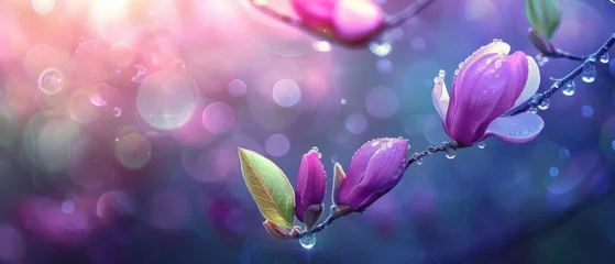 Deurstickers A spring pink and purple magnolia blossom flower branch, magnolia tree blossoms in springtime. tender pink flowers bathing in sunlight. warm april weather There are dew drops in the morning. © ND STOCK