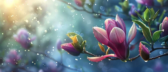 Zelfklevend Fotobehang A spring pink and purple magnolia blossom flower branch, magnolia tree blossoms in springtime. tender pink flowers bathing in sunlight. warm april weather There are dew drops in the morning. © ND STOCK