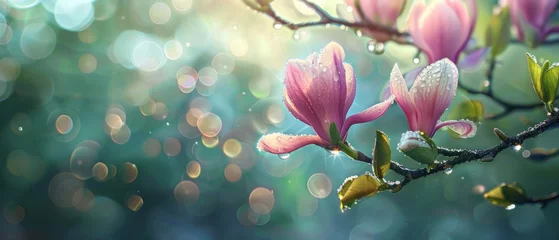 Gardinen A spring pink and purple magnolia blossom flower branch, magnolia tree blossoms in springtime. tender pink flowers bathing in sunlight. warm april weather There are dew drops in the morning. © ND STOCK