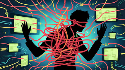 Silhouette of a person tangled in a web of wires. The wires represent the complexity and chaos that anxiety can cause. Anxiety conceptual illustration.