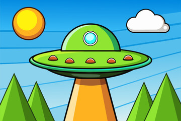 A mysterious unidentified flying object hovers above a lush forest canopy.