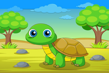 A cute turtle poses in front of a lush green tree background.