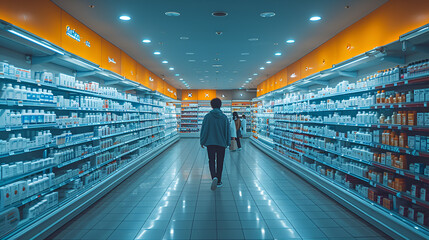 Pharmacy isle - people shopping - low angle shot - medicine and medical supplies - retail - stylish - fluorescent lighting 