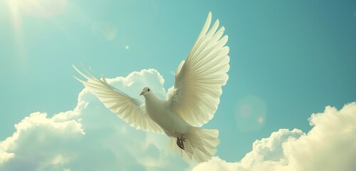 An otherworldly sky funeral backdrop with a gentle breeze, featuring a white dove as a symbol of celestial transition. 