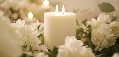 Obraz na płótnie Canvas An alluring tableau featuring delicate flowers and a burning white candle, capturing the essence of peaceful and refined decor.