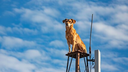 Adventurous dog sitting high on a radio tower blue sky background inspiring view