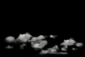 Group of soft white clouds isolated on black background with copy space