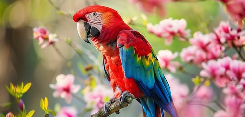 A stunning parrot in vivid hues seated on a blooming tree branch, a living kaleidoscope against nature's canvas.