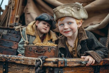 Little buccaneers with a chest of gold on a wooden ship deck