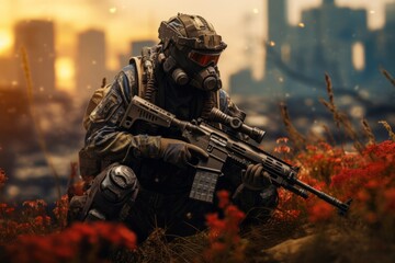 Futuristic soldier in combat gear kneeling with rifle against a dystopian cityscape at sunset.