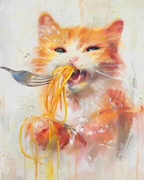 Oil painting of cute cat eating spaghetti with moody vintage style, For wall art, digital art, home decor , background and wallpaper