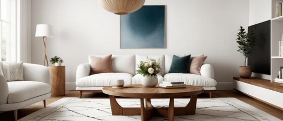 Scandinavian home interior design. Round wood coffee table against white sofa. 