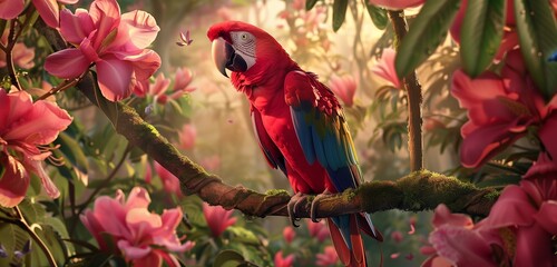 An exotic parrot nestled among vibrant flowers on a tree branch, a lively scene capturing nature's vivid palette.