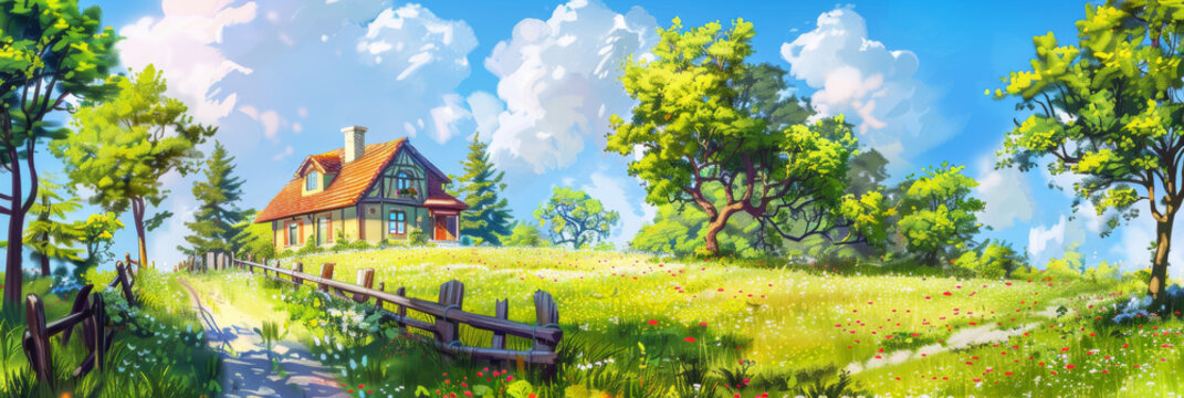 painting of beautiful house in the middle of nature, surrounded by trees and grass with wildflowers, generative AI