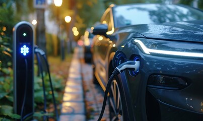close up charging EV car, modern fast electric vehicle chargers for charging car in park in morning