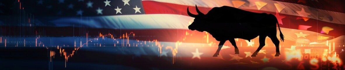 Bull market trends superimposed on the USA flag for a market analysts blog