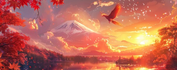 Eternal phoenix in a dance with Mt Fuji at sunset casting a spell of wonder for a mystical game background