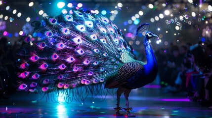 In a glitzy show a fashion designer unveils a robot peacock on the runway its sequins reflecting dazzling lights