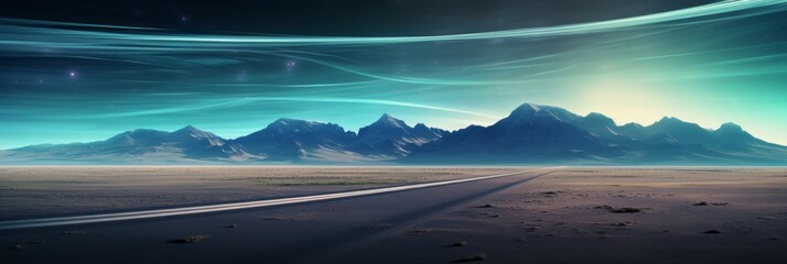 Panoramic view of a serene landscape with majestic mountains under a vibrant aurora borealis in a starry night sky.