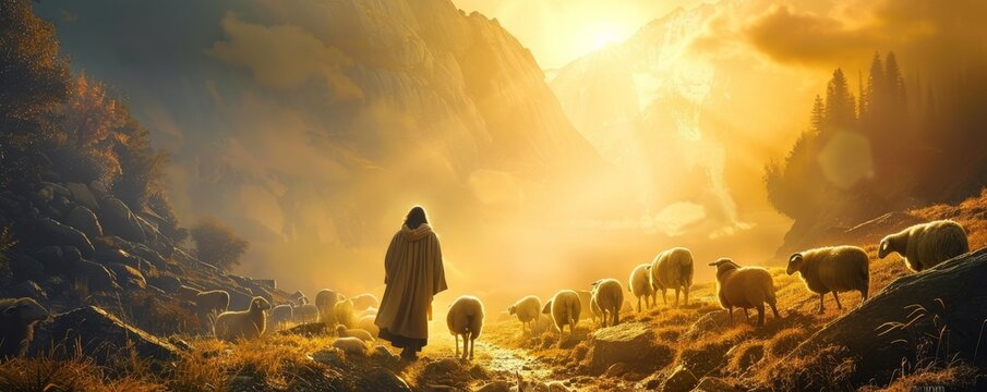 Jesus walking alongside a flock of sheep with the sun shining overhead