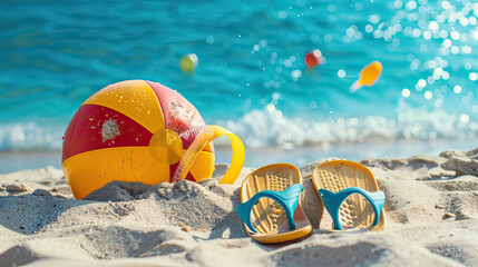 Flip-flops, beach ball and snorkel on the sand. Summer vacation concept. - obrazy, fototapety, plakaty